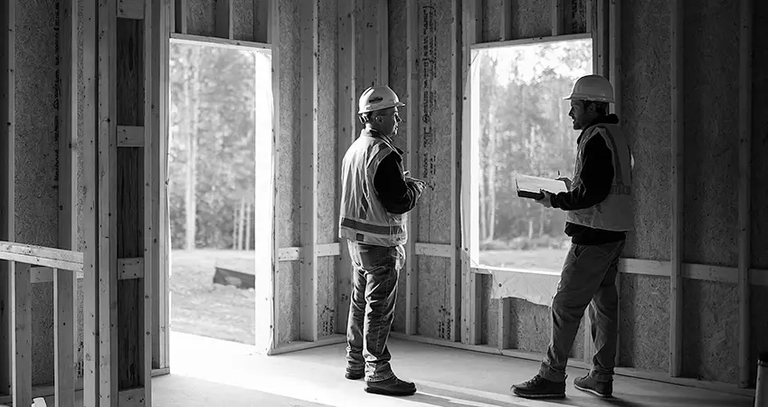 two men in construction attire talking inside framed building